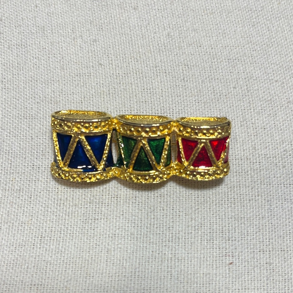 Christmas Drum Trio Gold Tone Pin /Brooch with Blue, Green, Red Painted Enamel
